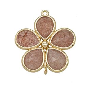 Natural Pink Strawberry Quartz Flower Connector Gold Plated, approx 25mm [GM26099]