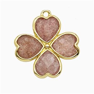 Natural Pink Strawberry Quartz Clover Pendant Heart Gold Plated, approx 20mm [GM26129]