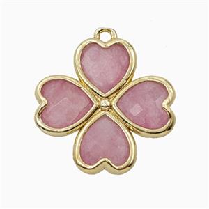 Pink Dye Jade Clover Pendant Heart Gold Plated, approx 20mm [GM26132]