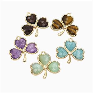 Natural Gemstone Clover Pendant Heart Gold Plated Mixed, approx 18-20mm [GM26147]