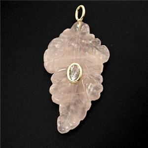 Pink Rose Quartz Leaf Pendant Pave Zirconia, approx 25-40mm [GM26469]