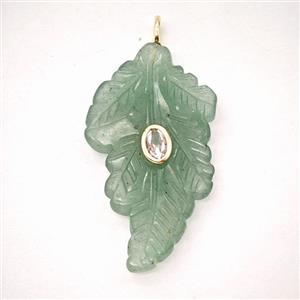 Green Aventurine Leaf Pendant Pave Zirconia, approx 25-40mm [GM26470]