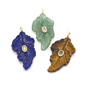 Natural Gemstone Leaf Pendant Pave Zirconia Mixed, approx 25-40mm [GM26473]