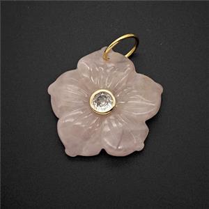 Pink Rose Quartz Flower Pendant Pave Zirconia, approx 30mm [GM26474]