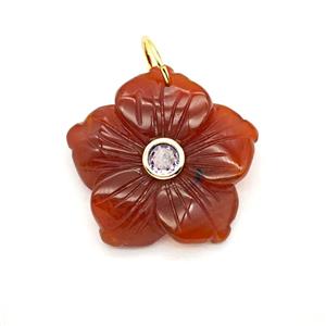 Red Carnelian Agate Flower Pendant Pave Zirconia, approx 30mm [GM26477]