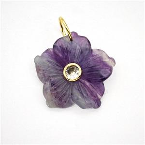 Natural Purple Fluorite Flower Pendant Pave Zirconia, approx 30mm [GM26482]