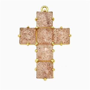 Pink Strawberry Quartz Cross Pendant Gold Plated, approx 25-35mm [GM26502]