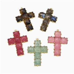 Natural Gemstne Cross Pendant Gold Plated Mixed, approx 25-35mm [GM26509]