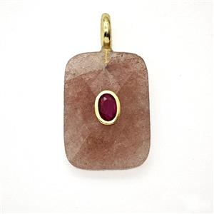 Natural Pink Strawberry Quartz Rectangle Pendant Pave Zirconia, approx 20-25mm [GM26513]