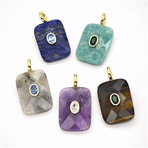 Natural Gemstone Rectangle Pendant Pave Zirconia Mixed, approx 20-25mm [GM26518]