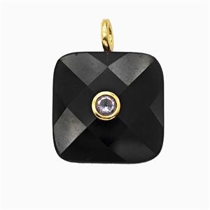 Natural Black Obsidian Square Pendant Pave Zirconia, approx 25mm [GM26520]