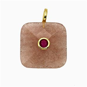 Natural Pink Strawberry Quartz Square Pendant Pave Zirconia, approx 25mm [GM26521]