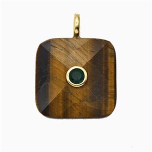 Natural Tiger Eye Stone Square Pendant Pave Zirconia, approx 25mm [GM26524]