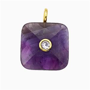 Natural Purple Amethyst Square Pendant Pave Zirconia, approx 25mm [GM26526]