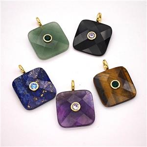 Natural Gemstone Square Pendant Pave Zirconia Mixed, approx 25mm [GM26527]