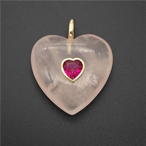 Natural Pink Rose Quartz Heart Pendant Pave Zirconia, approx 25mm [GM26529]