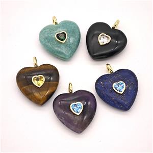 Natural Gemstone Heart Pendant Pave Zirconia Mixed, approx 25mm [GM26538]