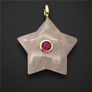 Natural Pink Rose Quartz Star Pendant Pave Zirconia, approx 30mm [GM26541]