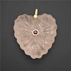 Natural Pink Rose Quartz Heart Pendant Pave Zirconia, approx 30mm [GM26553]