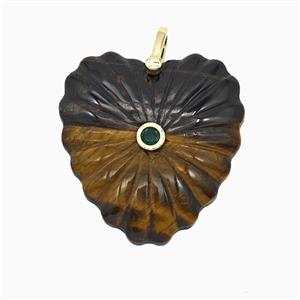 Natural Tiger Eye Stone Heart Pendant Pave Zirconia, approx 30mm [GM26557]
