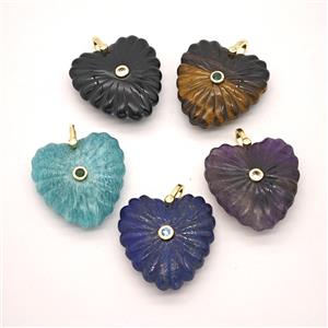 Natural Gemstone Heart Pendant Pave Zirconia Mixed, approx 30mm [GM26561]