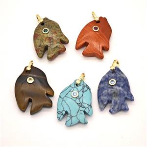 Natural Gemstone Fish Pendant Pave Zirconia Mixed, approx 23-33mm [GM26572]