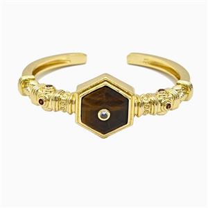 Copper Bangle Pave Tiger Eye Stone Gold Plated, approx 25mm, 50-60mm dia [GM26579]