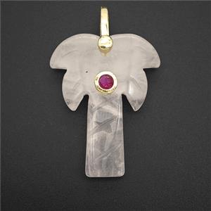 Rose Quartz Coconut Tree Pendant Pave Zirconia Palm, approx 20-28mm [GM26607]