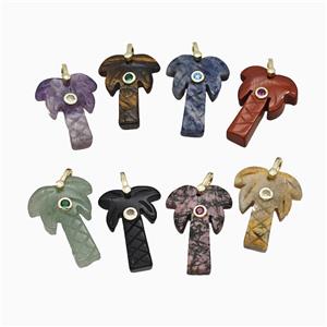 Natural Gemstone Coconut Tree Pendant Pave Zirconia Palm, approx 20-28mm [GM26618]