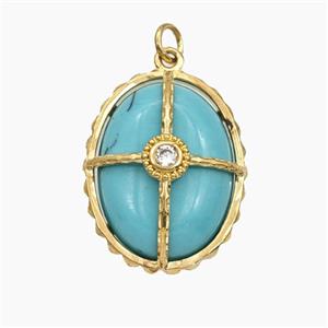 Blue Dye Howlite Turquoise Oval Pendant Pave Zirconia Gold Plated, approx 18-23mm [GM26621]