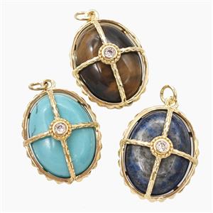 Mixed Gemstone Oval Pendant Pave Zirconia Gold Plated, approx 18-23mm [GM26624]