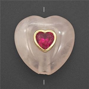 Pink Rose Quartz Heart Beads Pave Zirconia, approx 20mm [GM27235]