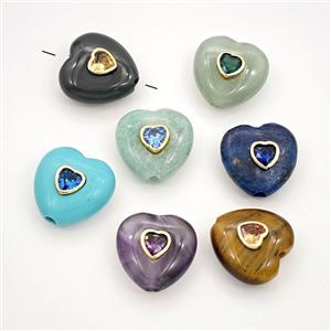 Natural Gemstone Heart Beads Pave Zirconia Mixed, approx 20mm [GM27236]