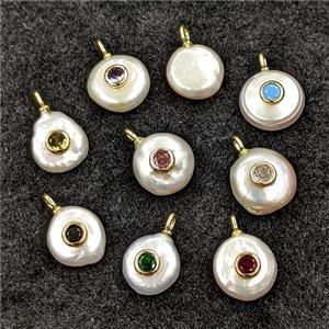 Baroque Style White Pearl Pendant Pave Zirconia Coin, approx 12-14mm [GM27296]