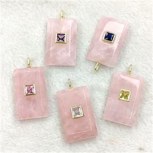 Natural Pink Rose Quartz Rectangle Pendant Pave Zirconia Mixed, approx 18-30mm [GM27299]