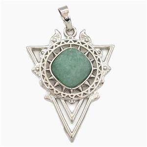 Alloy Triangle Sun Pendant Pave Green Aventurine Platinum Plated, approx 30-40mm [GM27371]