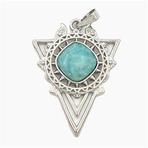 Alloy Triangle Sun Pendant Pave Green Amazonite Platinum Plated, approx 30-40mm [GM27372]