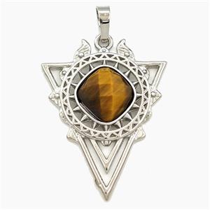 Alloy Triangle Sun Pendant Pave Tiger Eye Platinum Plated, approx 30-40mm [GM27373]