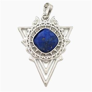 Alloy Triangle Sun Pendant Pave Lapis Lazuli Platinum Plated, approx 30-40mm [GM27374]