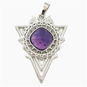 Alloy Triangle Sun Pendant Pave Amethyst Platinum Plated, approx 30-40mm [GM27375]