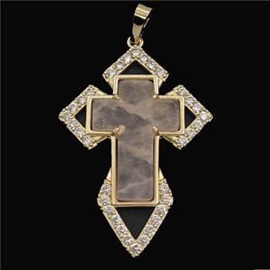 Copper Cross Pendant Pave Zirconia Rose Quartz Gold Plated, approx 33-57mm [GM27437]