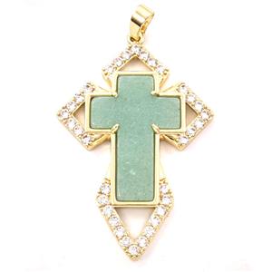 Copper Cross Pendant Pave Zirconia Green Aventurine Gold Plated, approx 33-57mm [GM27439]