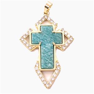Copper Cross Pendant Pave Zirconia Green Amazonite Gold Plated, approx 33-57mm [GM27440]