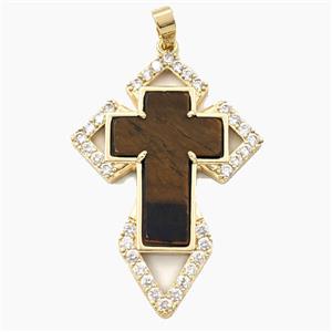 Copper Cross Pendant Pave Zirconia Tiger Eye Gold Plated, approx 33-57mm [GM27441]