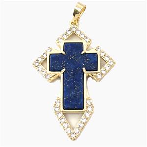 Copper Cross Pendant Pave Zirconia Lapis Lazuli Gold Plated, approx 33-57mm [GM27442]