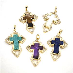 Copper Cross Pendant Pave Zirconia Gemstone Gold Plated Mixed, approx 33-57mm [GM27444]