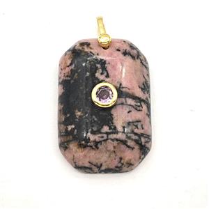 Chinese Pink Rhodonite Rectangle Pendant Pave Zirconia, approx 20-30mm [GM27517]