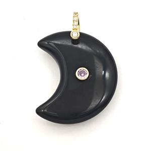 Black Obsidian Moon Pendant Pave Zirconia, approx 25-30mm [GM27534]