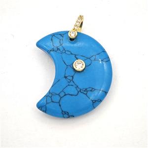 Blue Dye Howlite Turquoise Moon Pendant Pave Zirconia, approx 25-30mm [GM27537]