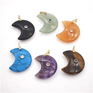 Natural Gemstone Moon Pendant Pave Zirconia, approx 25-30mm [GM27540]